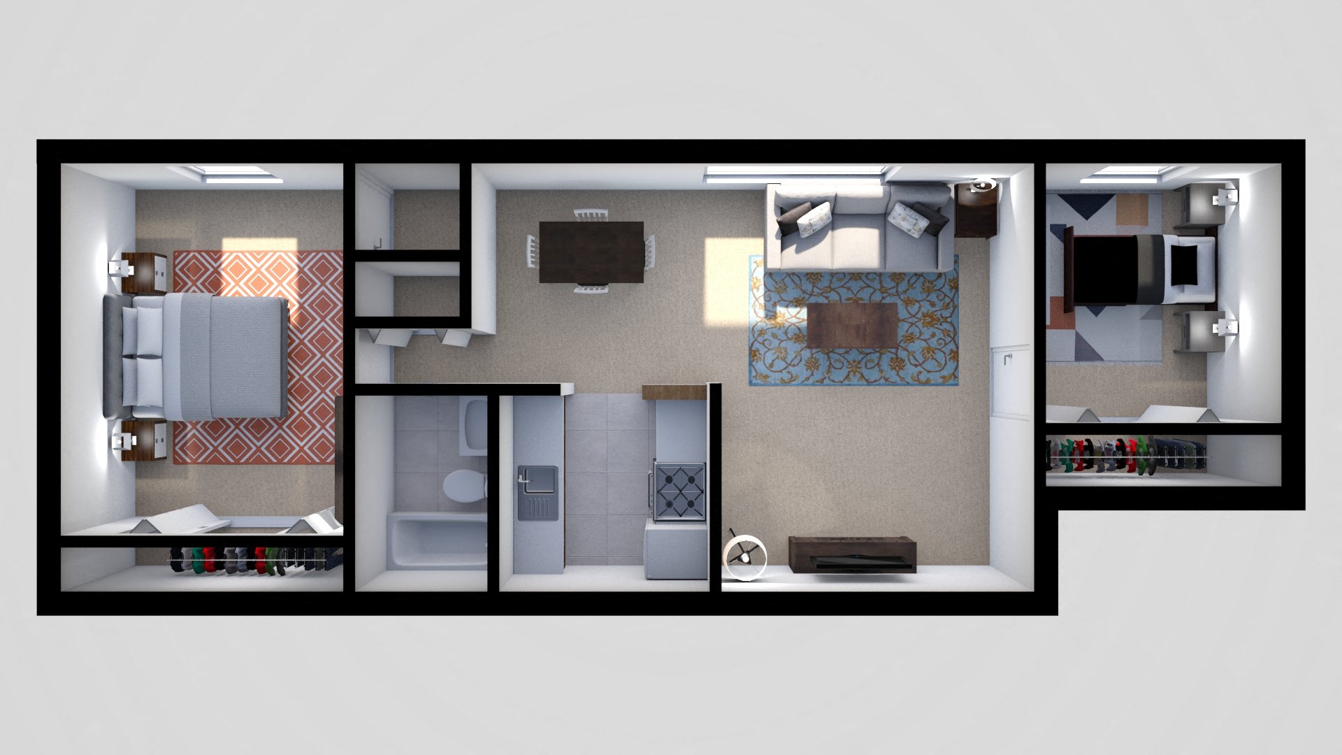 Floor plan for 1 bed, 1 bath, 704 sqft